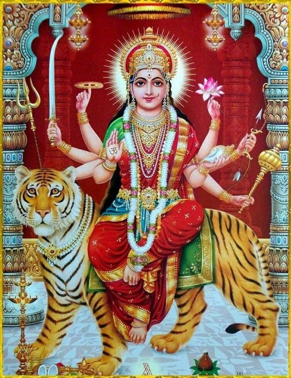 Durga godess devotion iconic picture. You can see either pin-image photo or on brass statue you can do Durga japa. For me i prefer doing Durga japa infront of Durga godess brass statue. Durga japa devotion, I want to do till i alive. My life devoted to Durga godess devotion forever.